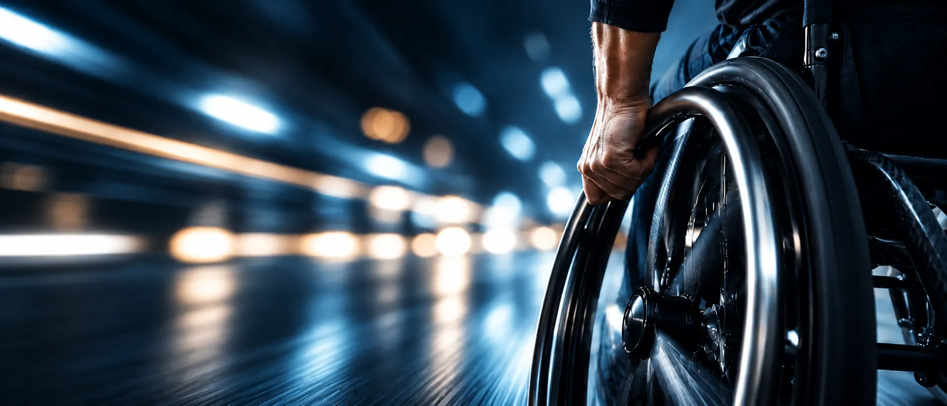 Una mano spinge il corrimano di una carrozzina in movimento